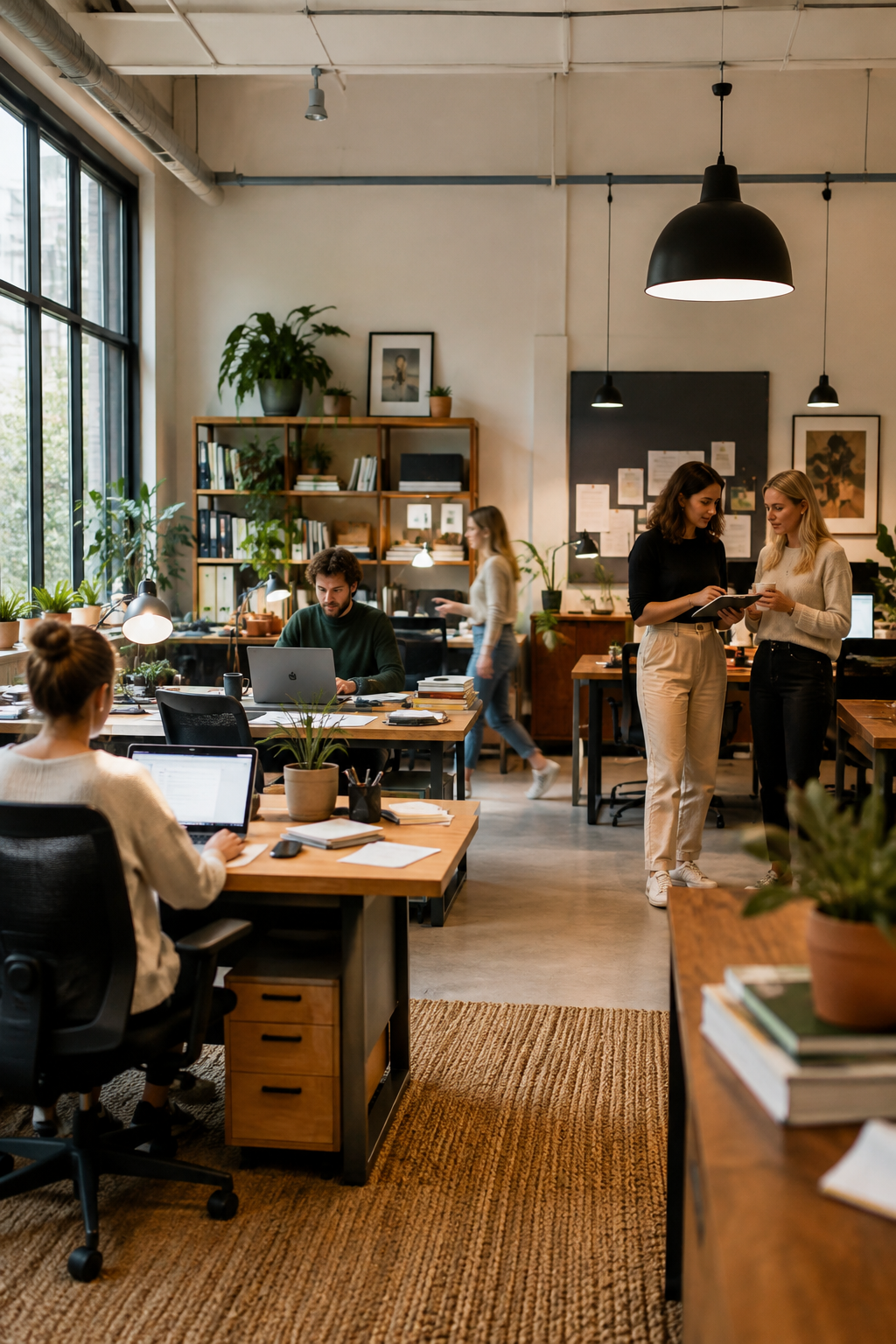Small team working and collaborating in a busy modern office.