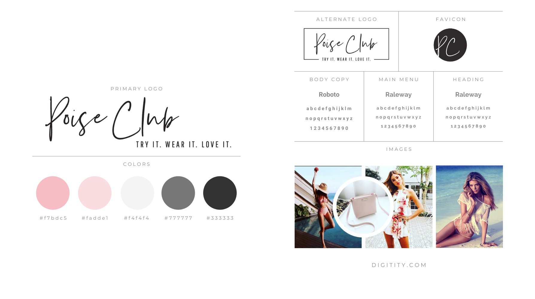 Poise Club brand identity showing logo, colour palette, typography, favicon and fashion photography.