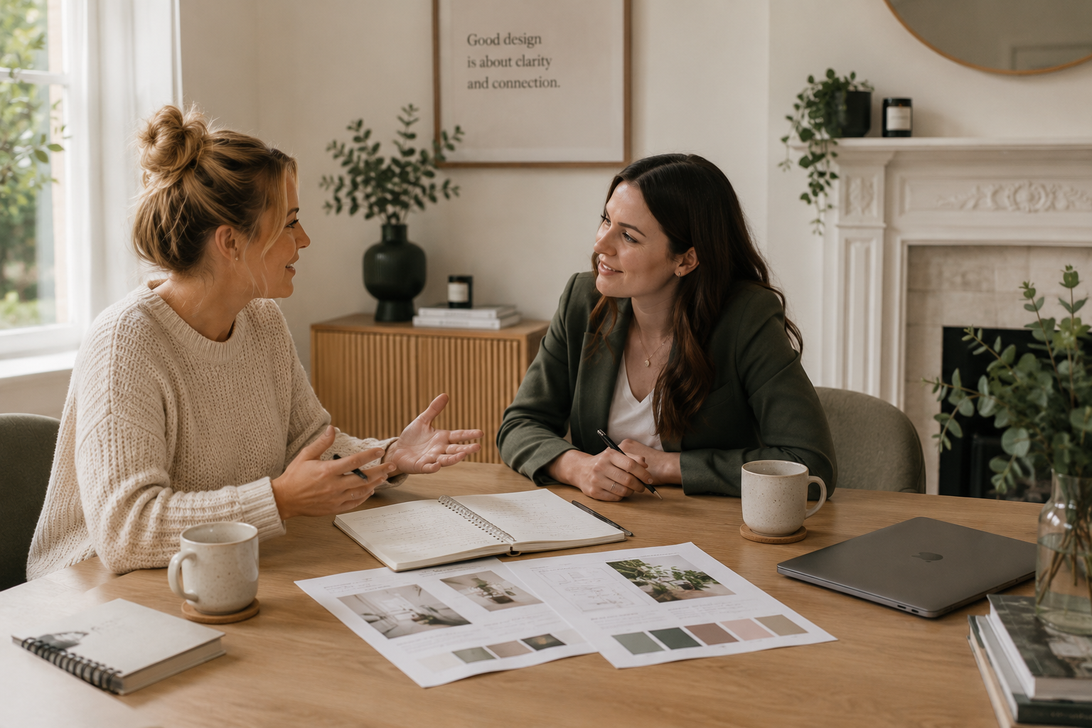 Web designer and business owner discussing website ideas together during a relaxed planning meeting.