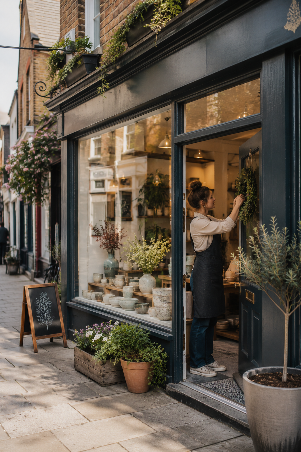 Small independent ceramics shop owner arranging her storefront and handmade pottery.