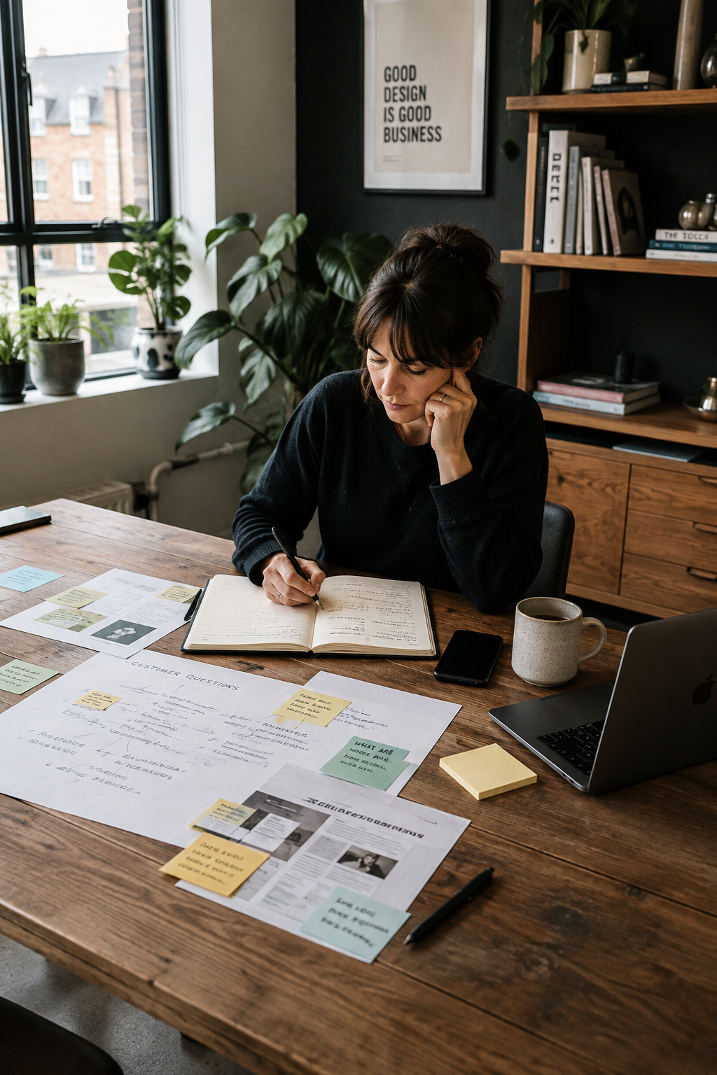 Small business owner reviewing notes and planning at a desk in her office.