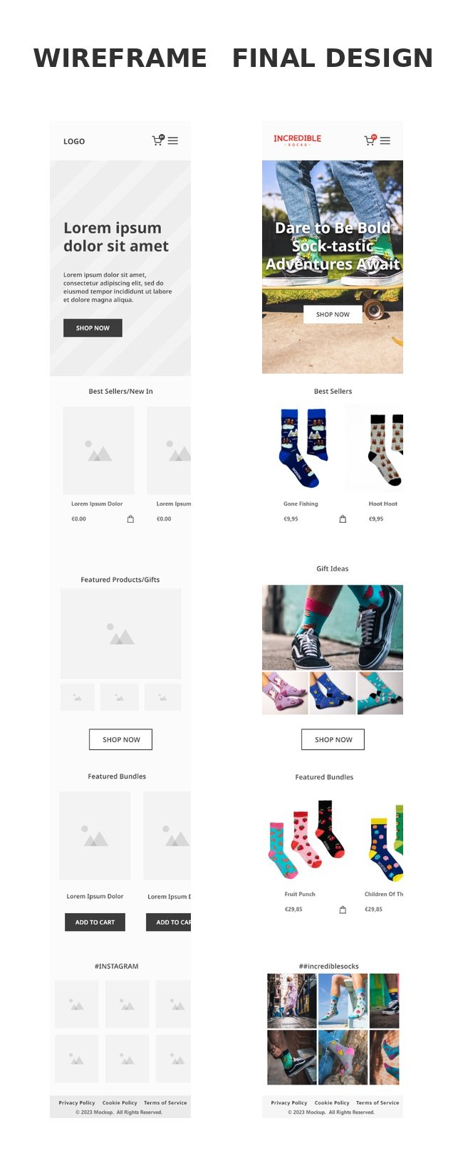 Incredible Socks mobile homepage wireframe alongside the finished responsive Shopify design.