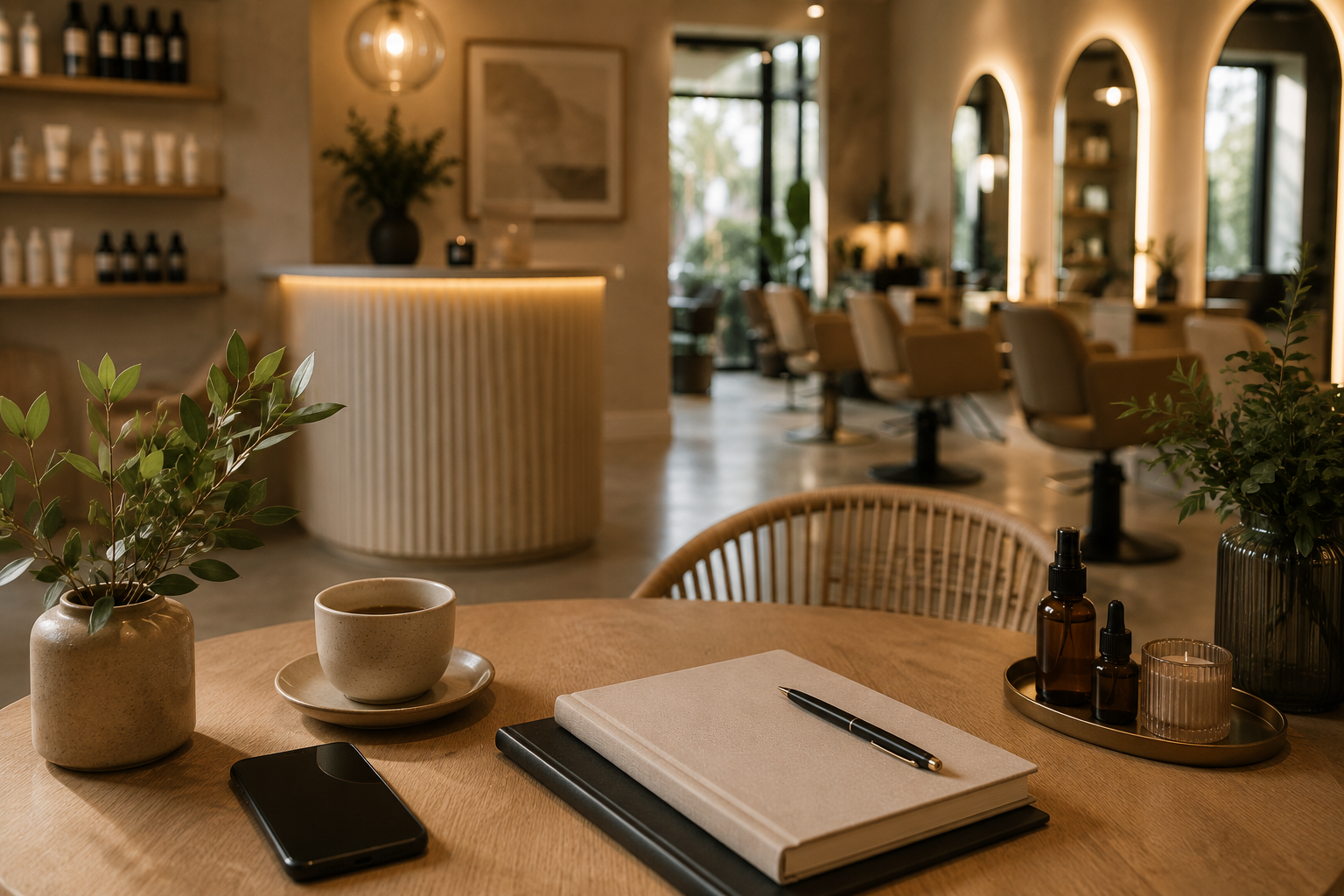 Notebook, smartphone and coffee on a table inside a modern salon.