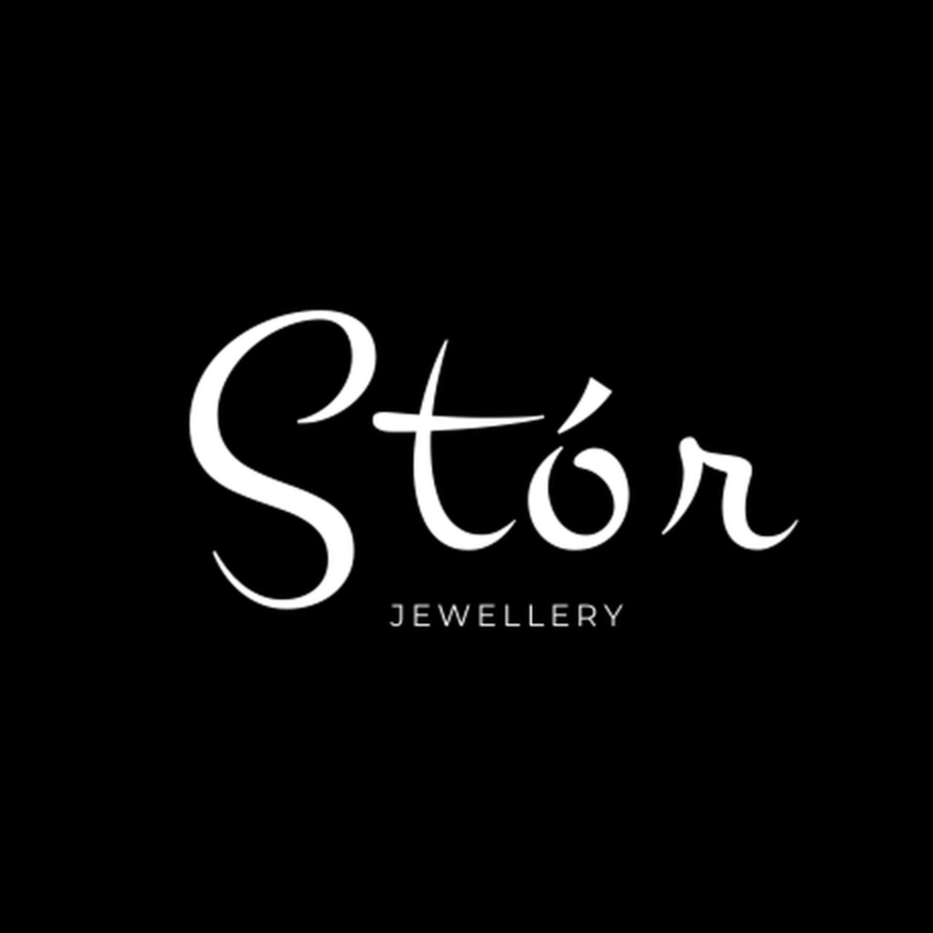 Stór Jewellery white script-style logo on a black background