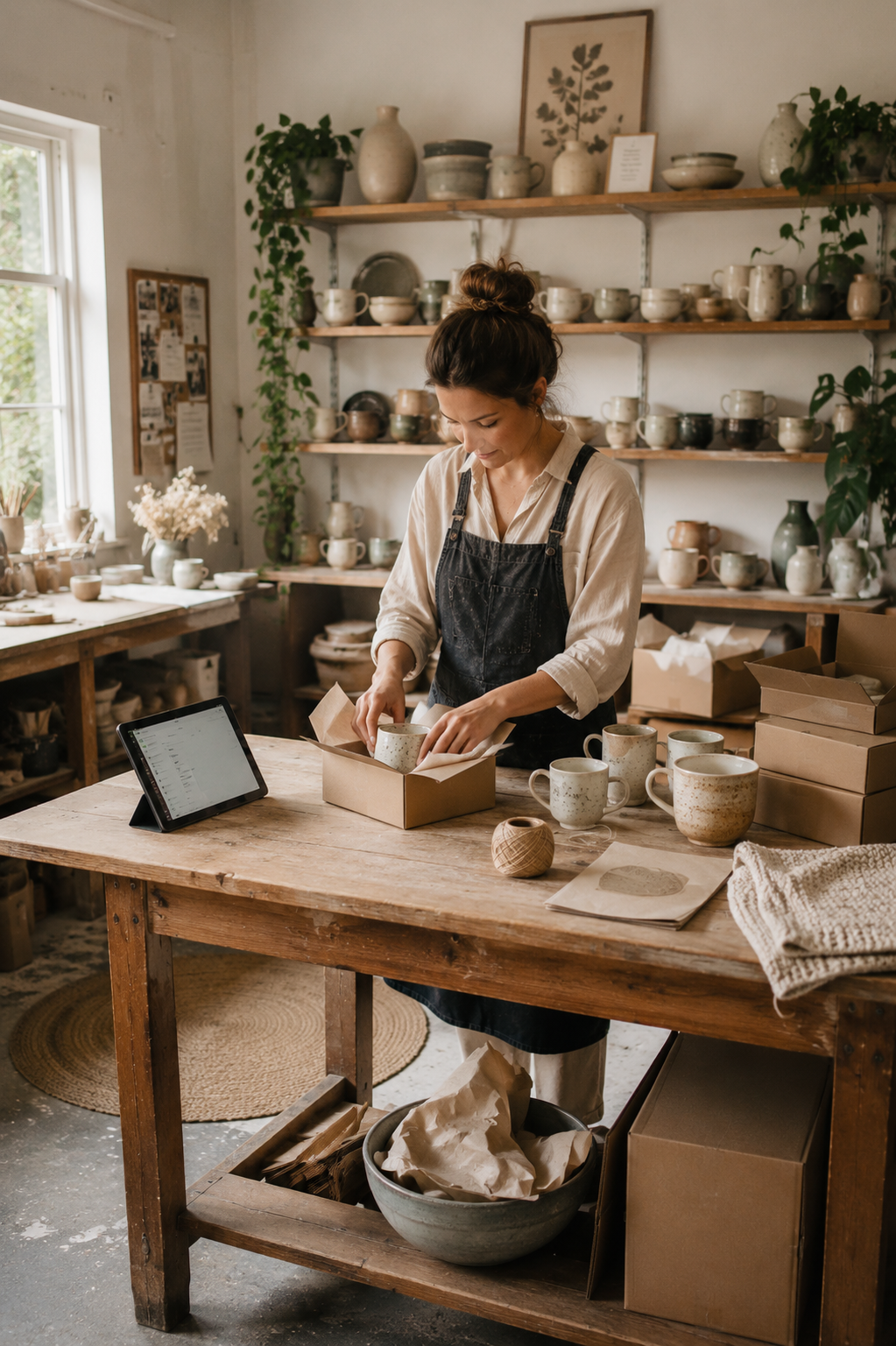 Small pottery business owner packing a customer order in her ceramics studio.