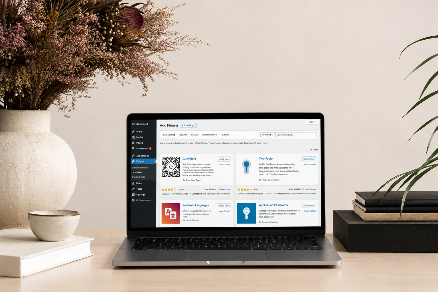 WordPress plugin page displayed on a laptop in a styled workspace.