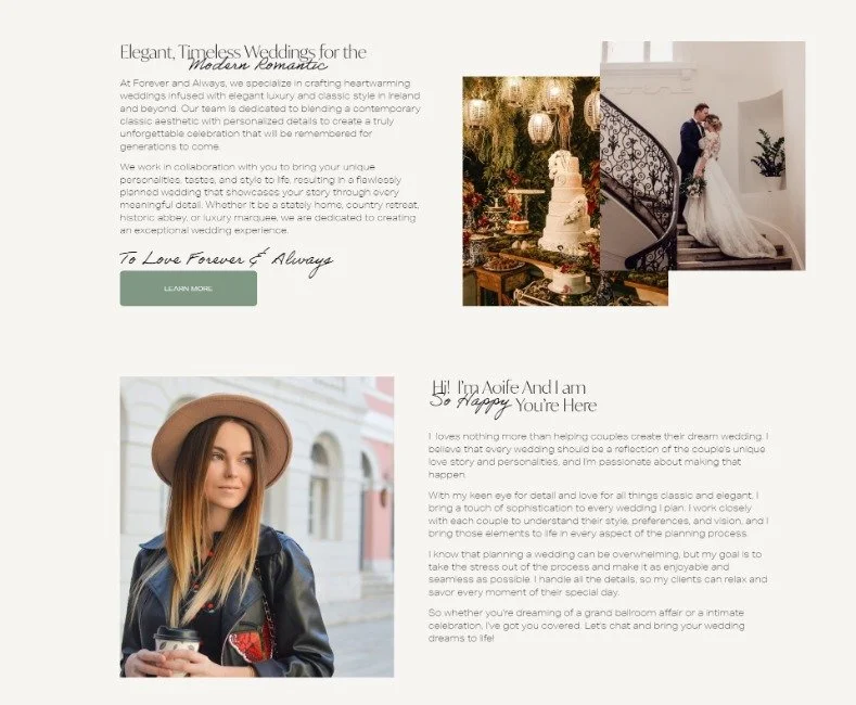 Forever & Always wedding planner website showing the brand story and about section.