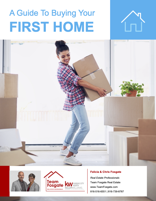 Woman carrying moving boxes, smiling, and standing in a well-lit room. Text reads "A Guide To Buying Your First Home." Bottom section features contact information for Team Fosgate Real Estate.