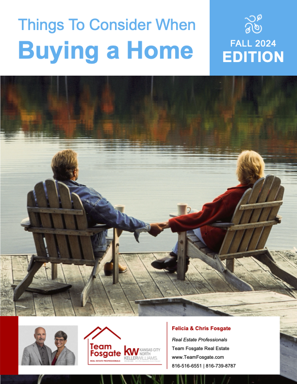 Cover of a guide titled 'Things to Consider When Buying a Home, Fall 2024 Edition' featuring two people sitting on a dock by a lake with autumn foliage, holding hands. Includes branding for Team Fosgate Real Estate and contact information.