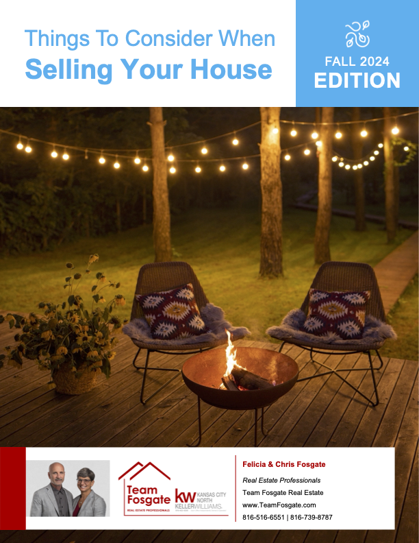 Fall 2024 real estate guide cover with text "Things to Consider When Selling Your House." Includes an outdoor scene with chairs, string lights, and a fire pit on a wooden deck, as well as real estate contact information for Team Fosgate.