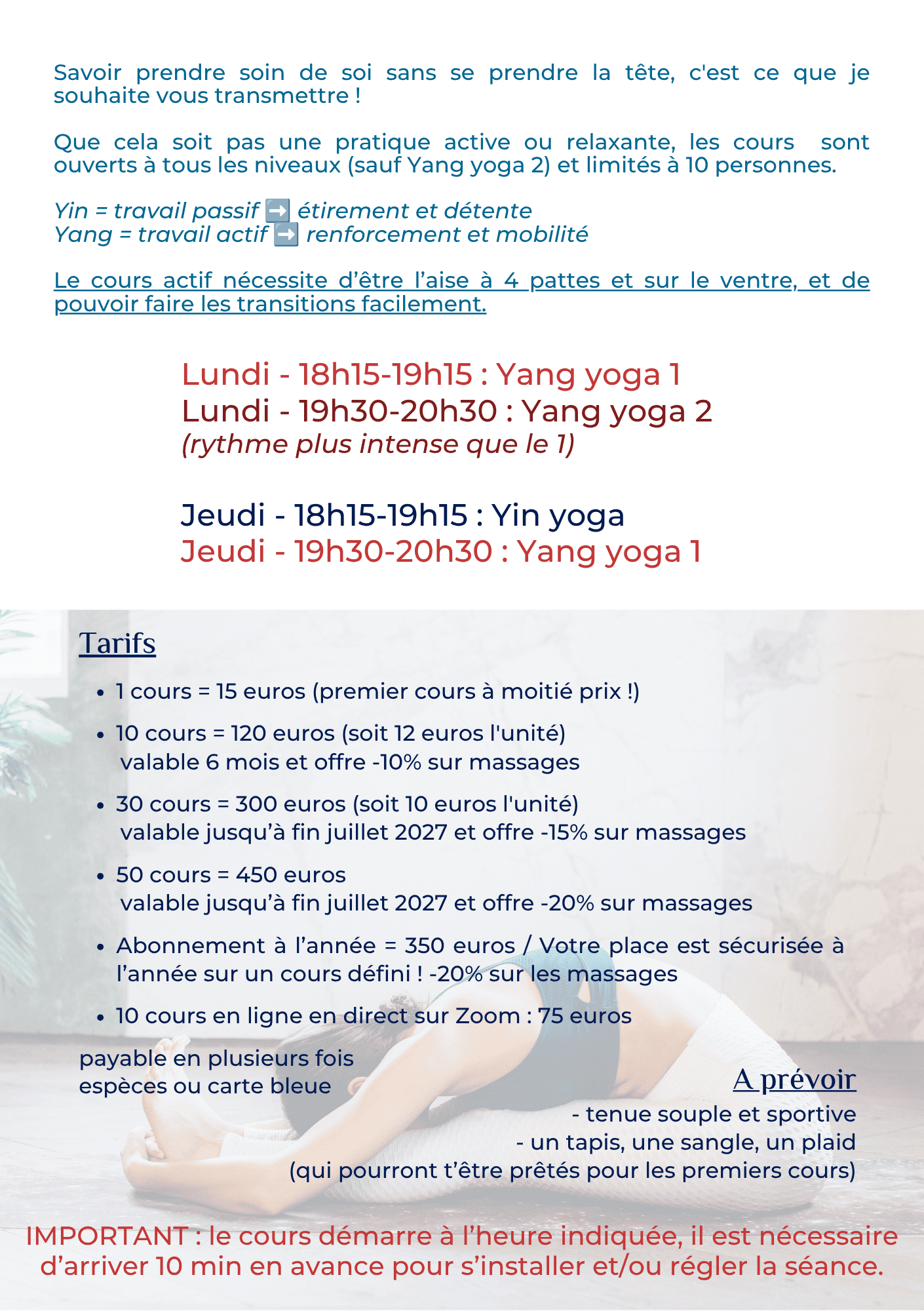 planning hebdomadaire du yoga à Dieppe lundi soir et jeudi soir