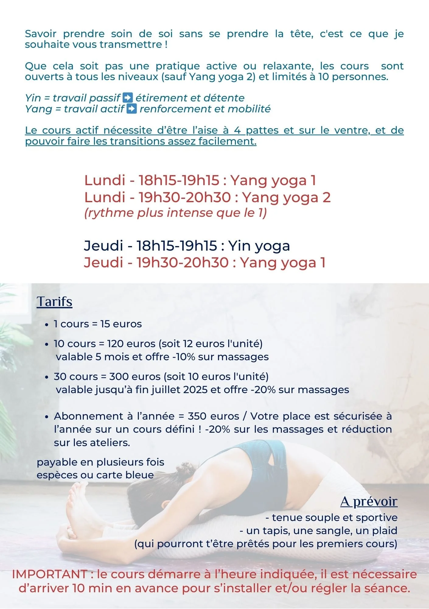description et horaires des cours de yoga actif et doux au 71 rue Montigny à Dieppe