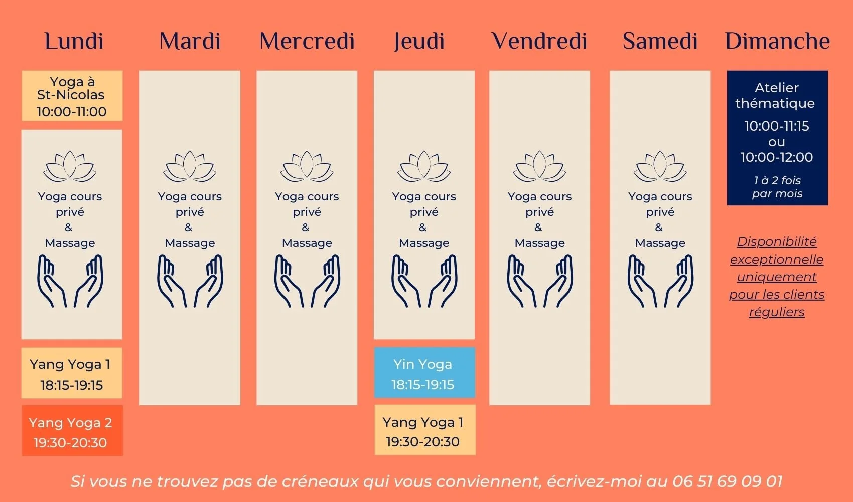 planning général des cours de yoga et des créneaux de massages à Dieppe