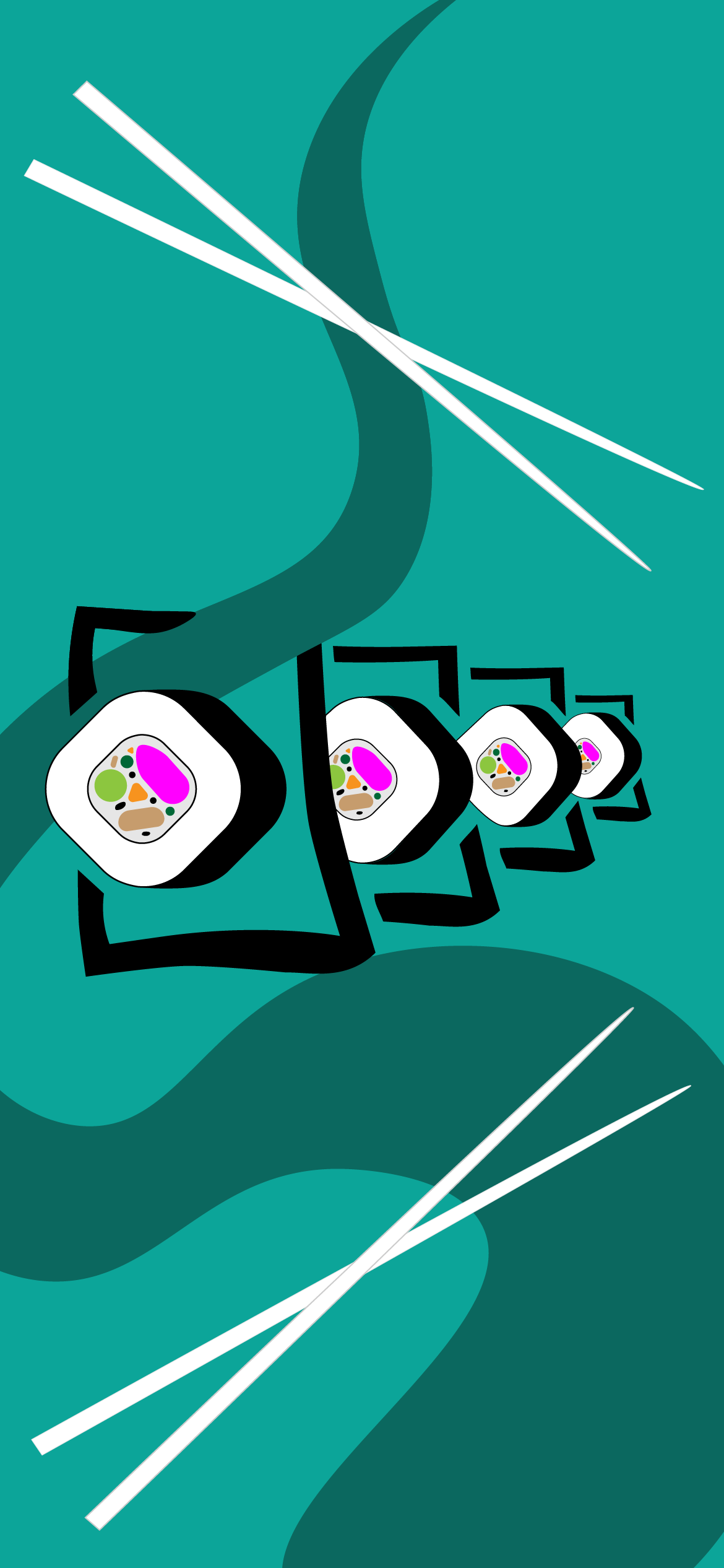 abstract sushi roll with chopsticks on teal background artwork for mobile wallpaper