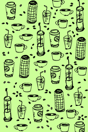 zoom close up of various types of coffee sketch on lime green background artwork for mobile wallpaper