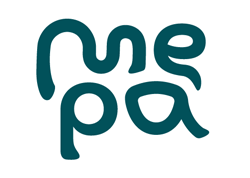 Logo with stylized text spelling "med" in dark teal, with the letters arranged in a playful, rounded font.