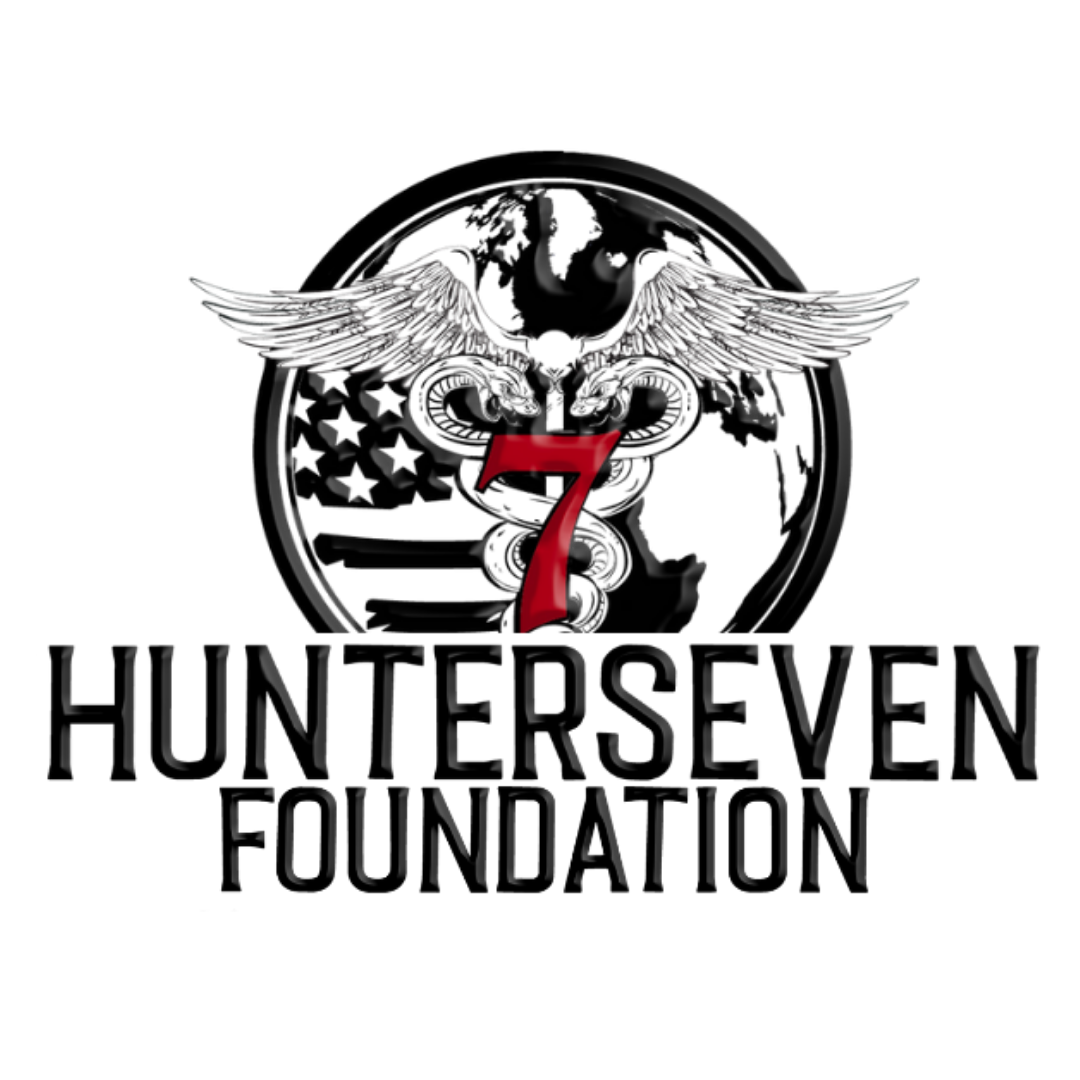 Black logo with stylized eagle and number 7, text 'HUNTERS SEVEN ELECTION' in bold letters.