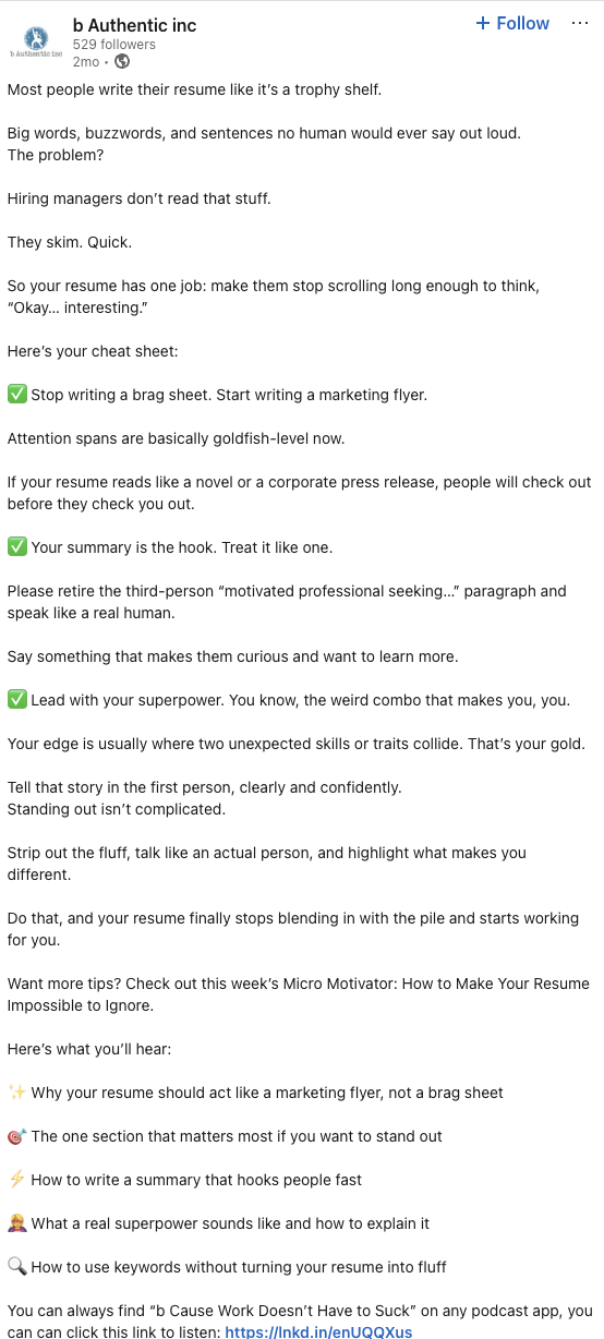 Text about writing effective resumes, highlighting tips like focusing on brevity, clarity, showcasing strengths, telling a story, and highlighting unique skills, along with a link to a related podcast.