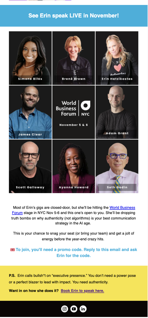 Group photo of nine individuals with headshots arranged in three rows, promoting a live speaking event for Erin at the World Business Forum in NYC on November 5-6.