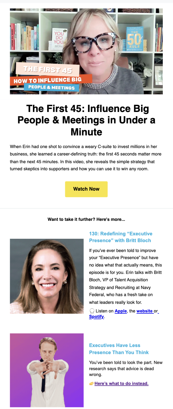 A woman with blonde hair and glasses speaking in front of a bookshelf filled with books, including titles like "You Do You" and "The 50 Rule."