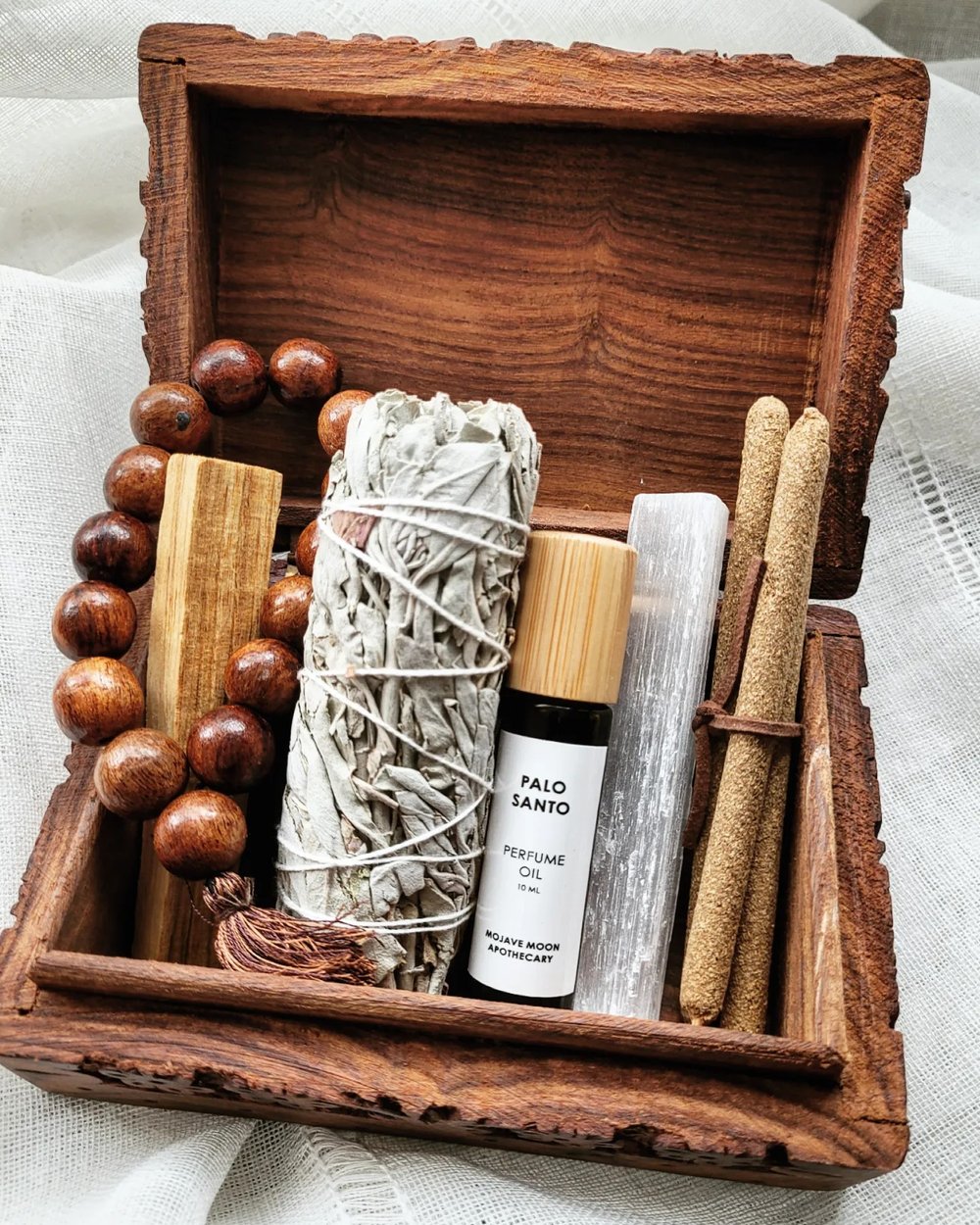 Ethically Sourced Palo Santo and Sage Self Care Spiritual Wooden Gift Box —  MOJAVE MOON APOTHECARY