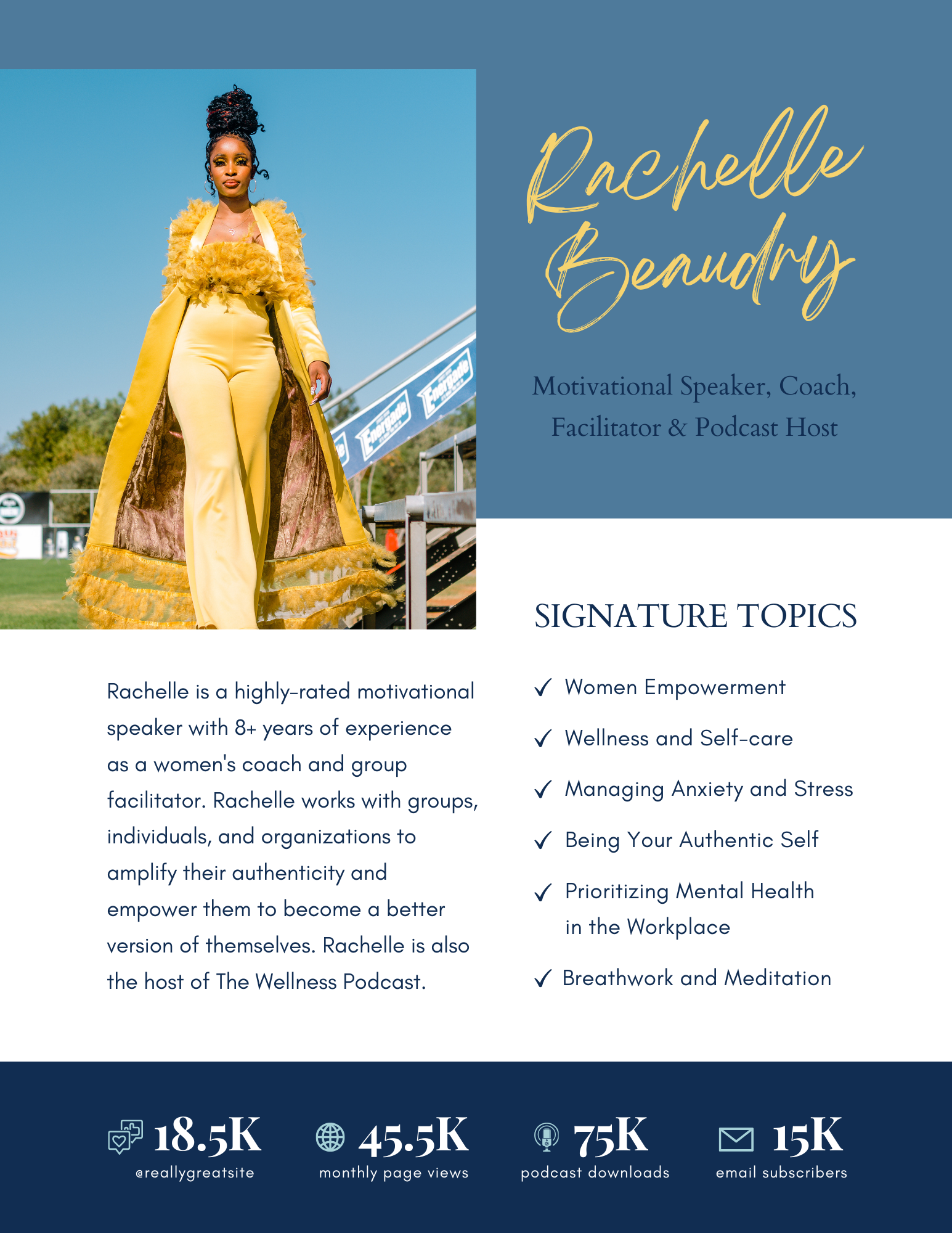 Promotional flyer featuring Rachelle Benardy, a motivational speaker and podcast host, dressed in a yellow outfit, standing outdoors on a sunny day.