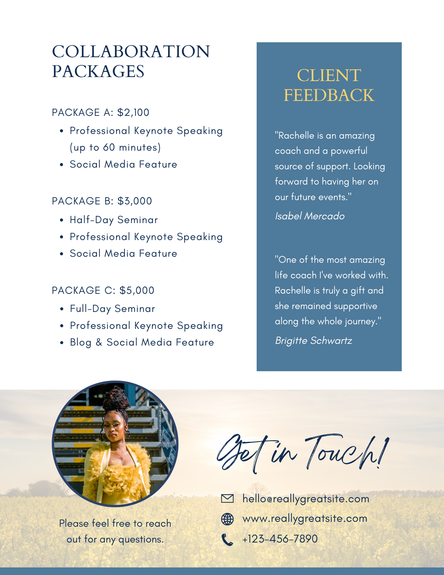 A promotional flyer for collaboration packages with client feedback, a photo of a woman in a yellow fur coat, contact information, and an invitation to get in touch.