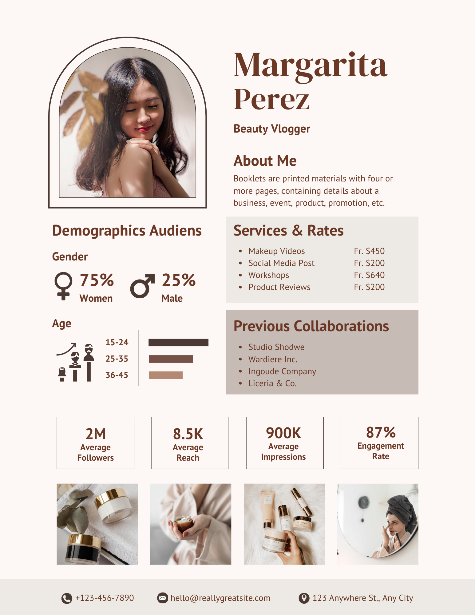 A digital marketing or social media profile page for Margarita Perez, a beauty vlogger. Contains her photo, name, title, self-description, demographic data, services and rates, previous collaborations, and stats on followers, reach, impressions, and engagement rate. Also includes images of beauty products and accessories at the bottom.