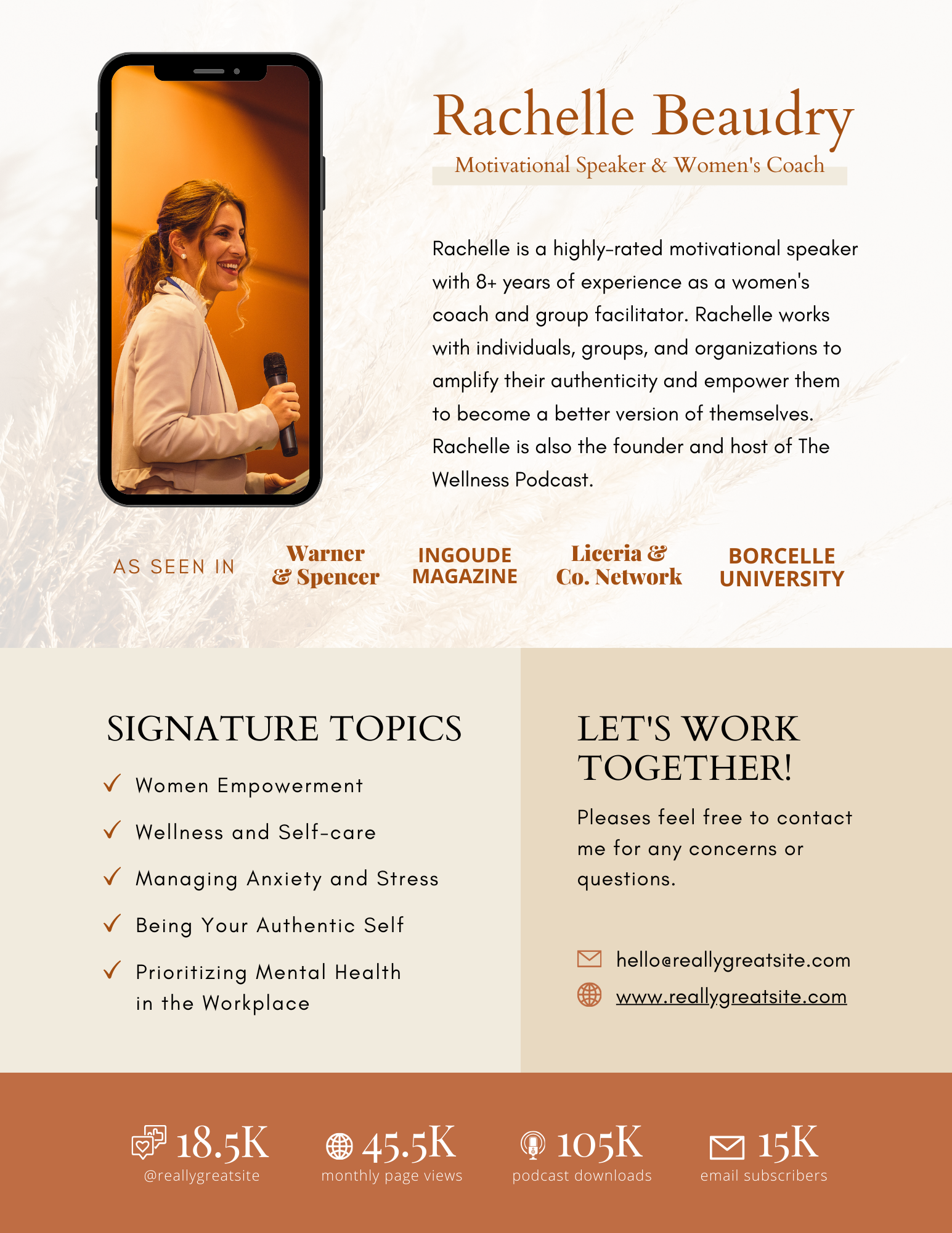 Business card or flyer for Rachelle Beaudry, motivational speaker and women's coach, featuring a photo of her holding a microphone, and details about her credentials, topics, contact information, and social media statistics.