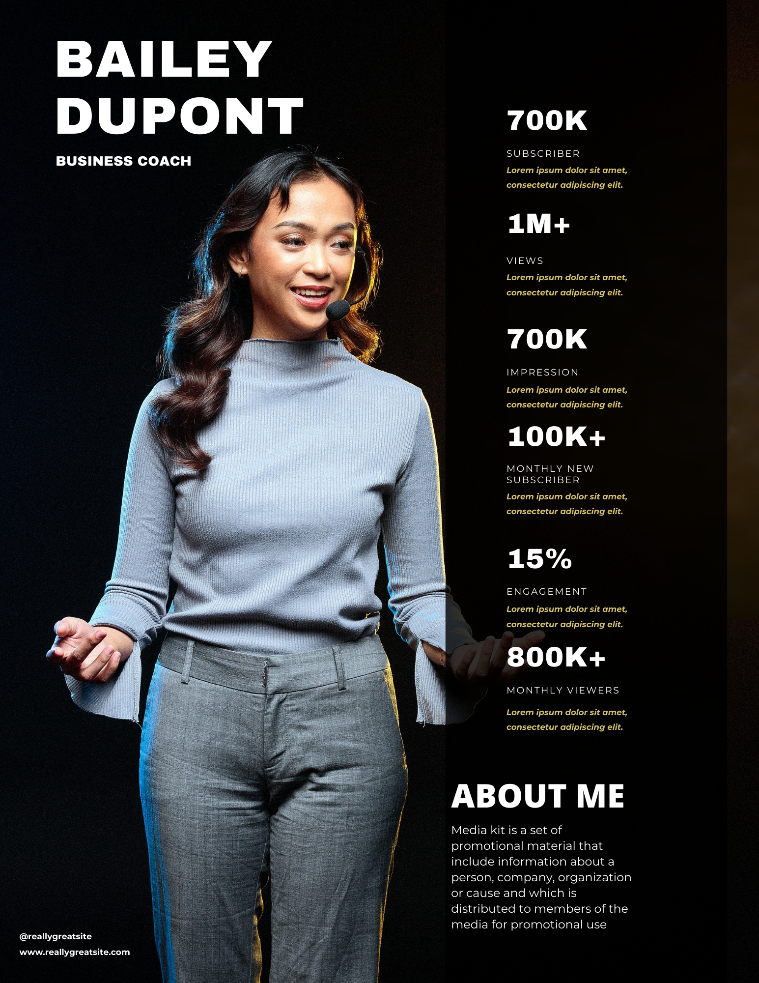 A professional woman wearing a gray top and gray pants, smiling and speaking, with an overlay of social media and promotional statistics on a black background.