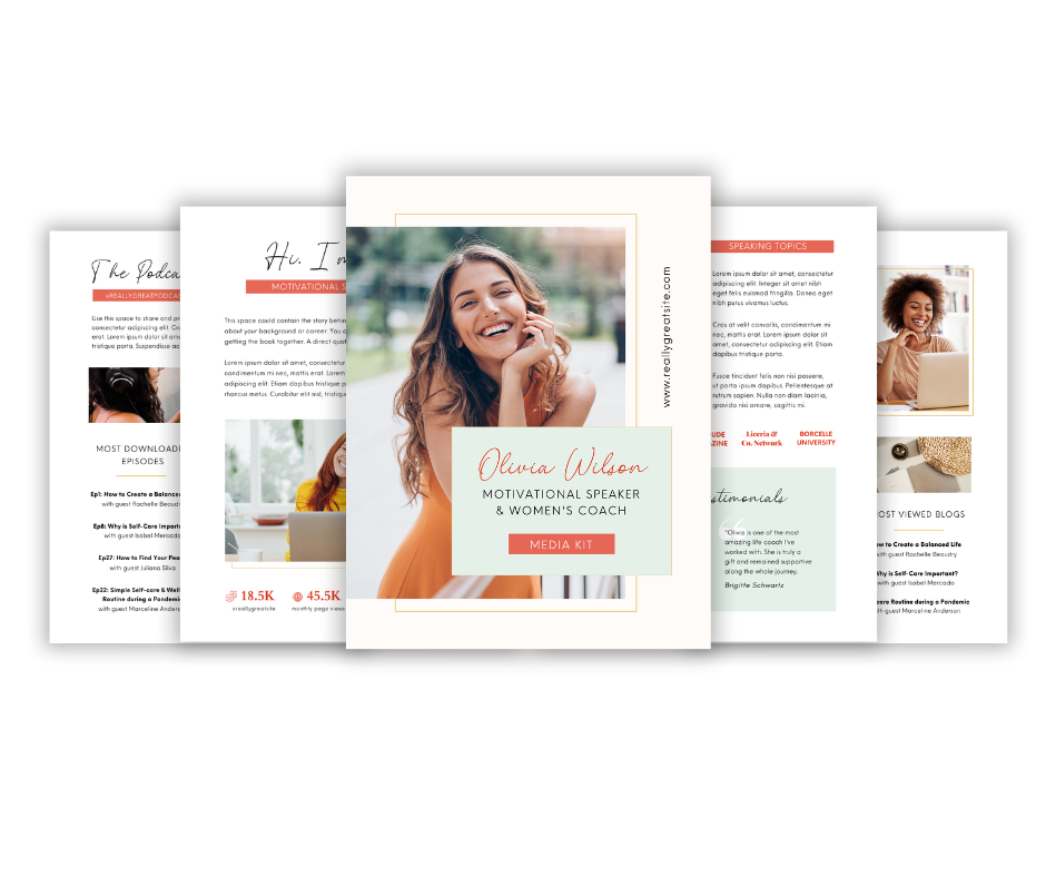 A digital media kit featuring Oliva Wilson, a motivational speaker and women's coach, with a smiling woman on the cover, surrounded by preview pages of the media kit.