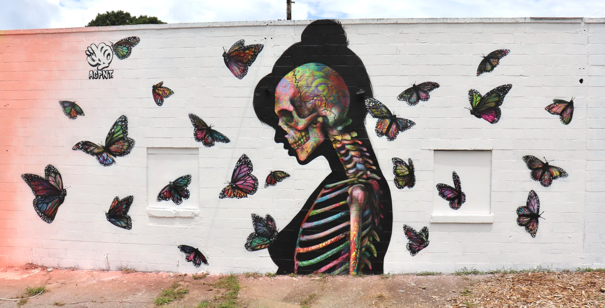 Street art mural of a woman with a colorful skull face profile, surrounded by butterflies on a white brick wall.