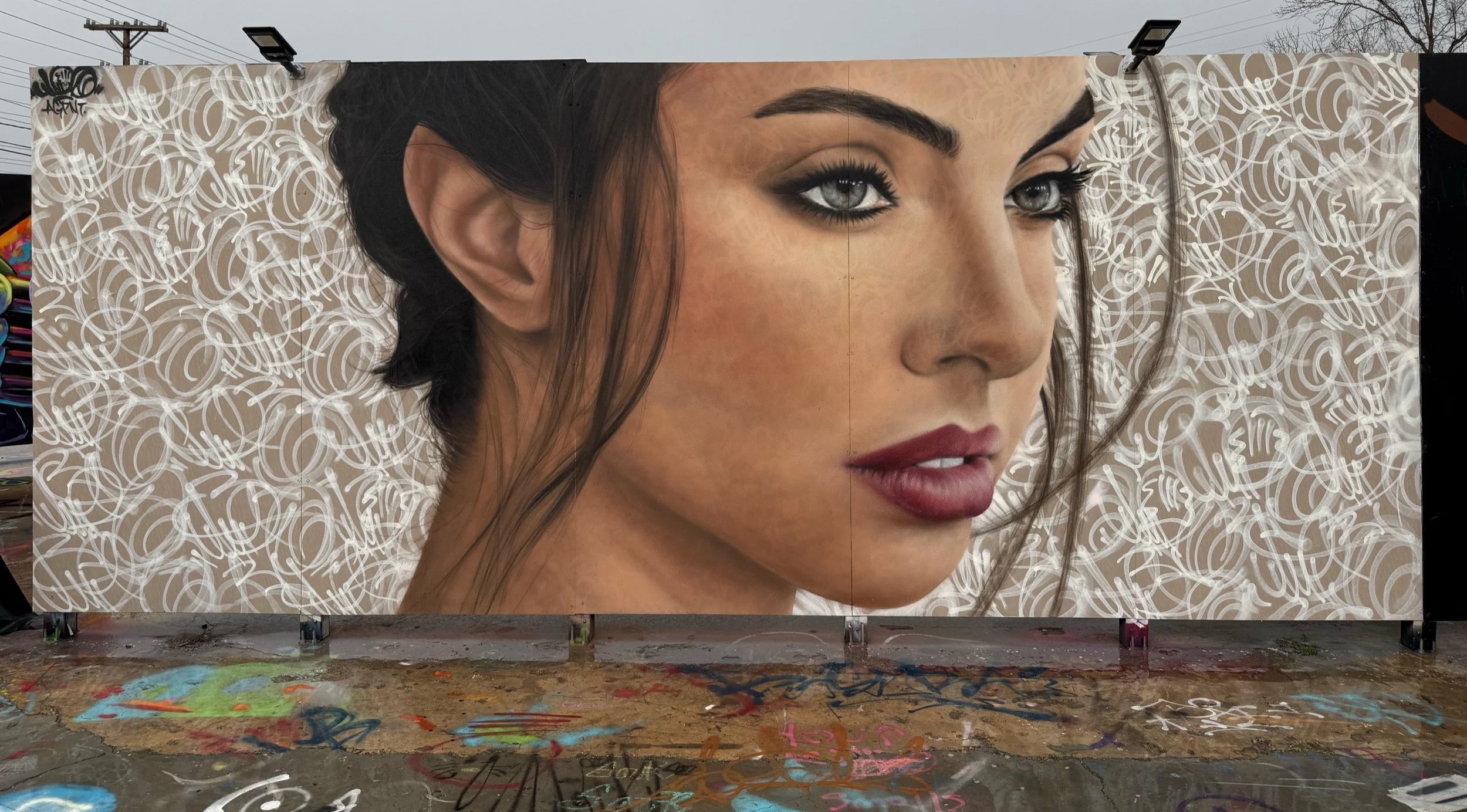 Large mural of a woman's face with detailed makeup and hair, surrounded by white abstract calligraphy on a tan background.