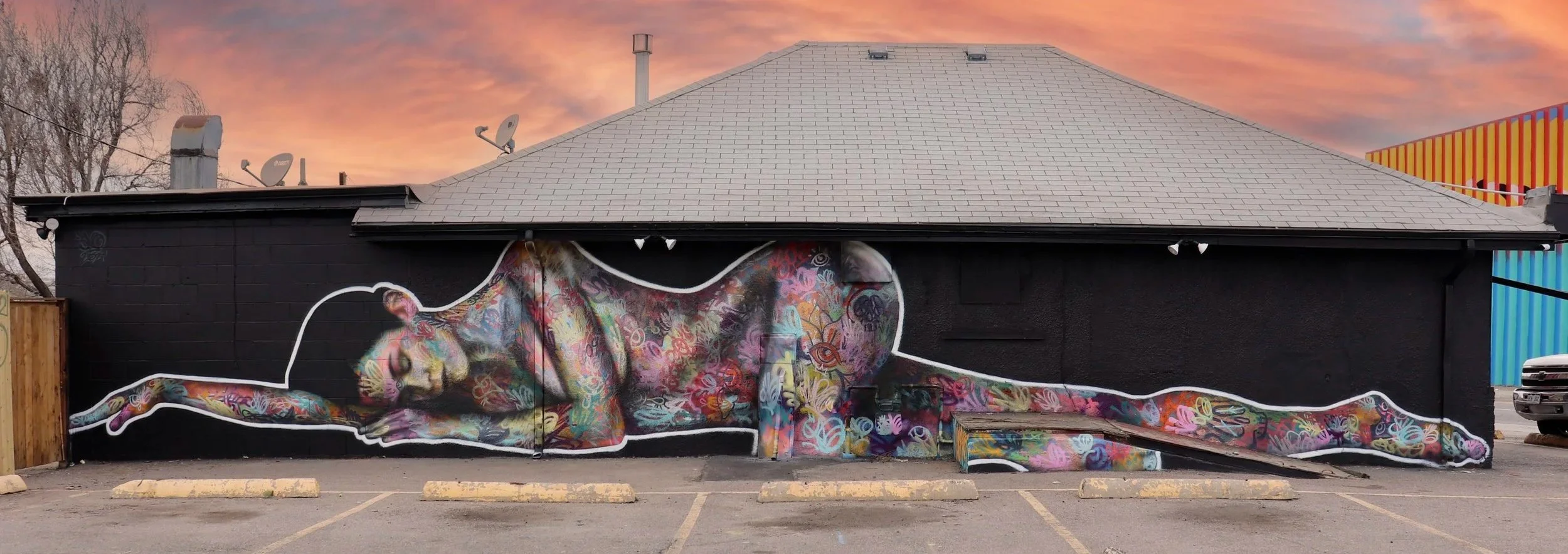 Colorful mural of a sleeping monkey stretched out on a black wall, painted with vibrant, swirling patterns. The scene is set outdoors with a parking lot in the foreground and a sunset sky in the background.