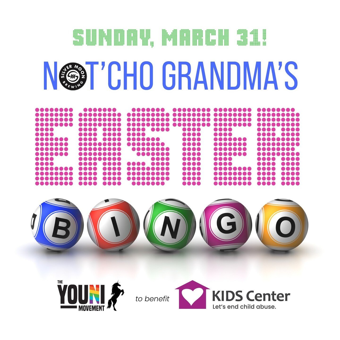 Last call to join us for this special Easter Edition of Not&rsquo;cho Grandma&rsquo;s Bingo to benefit KIDS Center! 🐰⁠
⁠
Sunday 9:30 am, March 31 at Silver Moon Brewing!⁠
⁠
Ask around...this is soooo much more than bingo! It's wild, it's hilarious, 