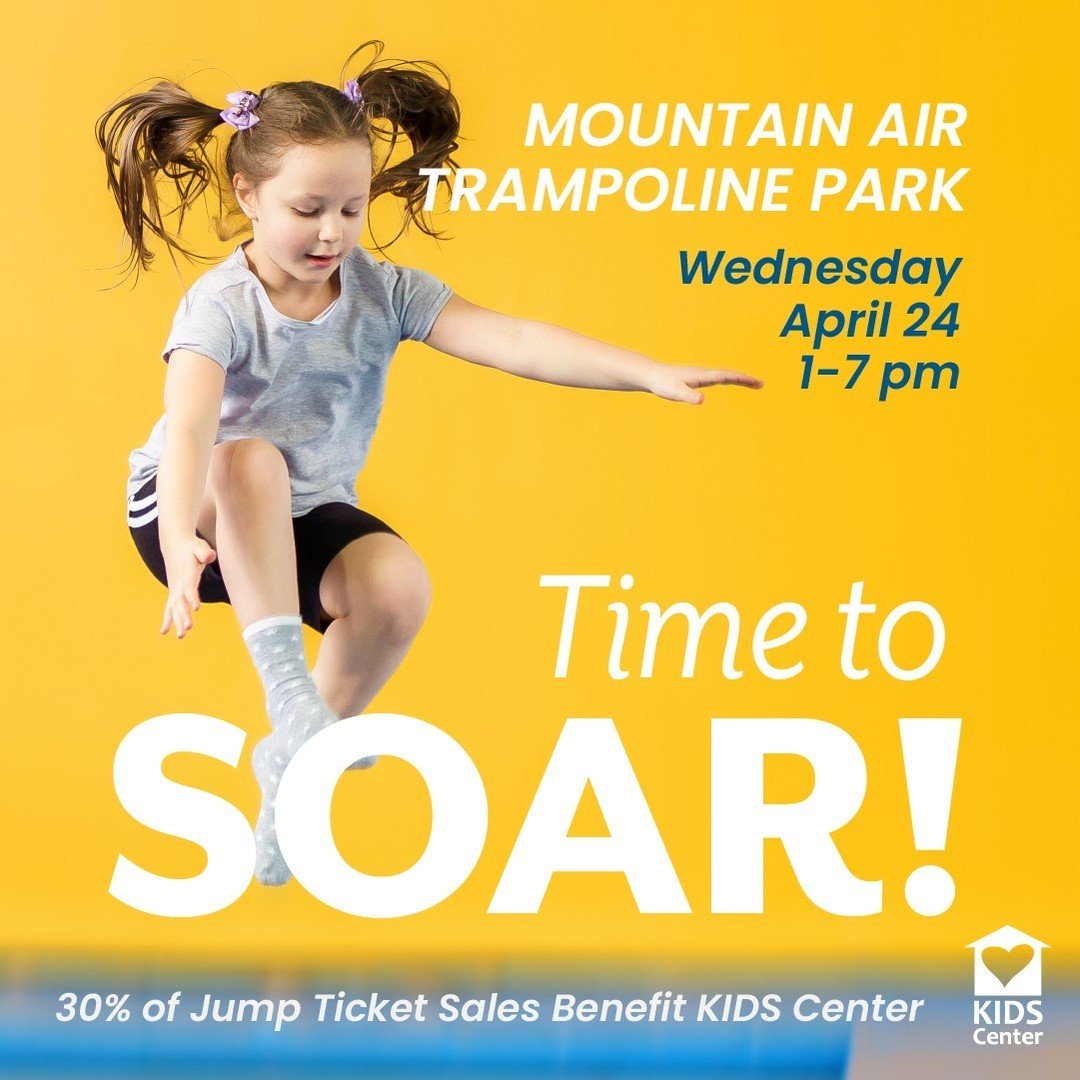 Start planning now to join us Wednesday, April 24 at Mountain Air Trampoline Park for a FUN-DRAISER for KIDS Center!⁠
⁠
On this special day, MountainAir is donating 30% of jump ticket sales to KIDS Center!⁠
⁠
Invite your friends and family, and jump 