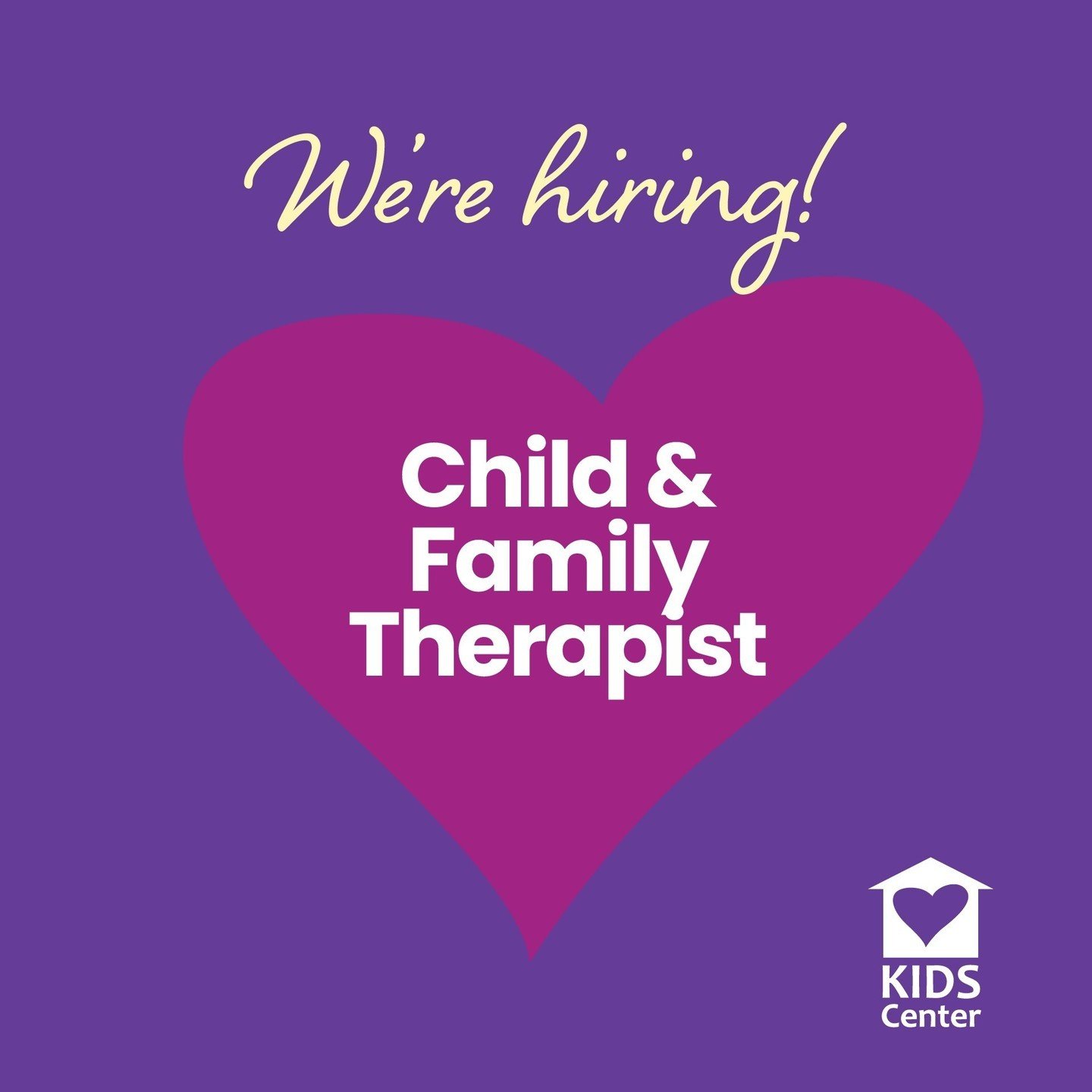 KIDS Center is hiring for a Child &amp; Family Therapist! What does this position entail?⁠
⁠
&mdash;Provide mental health assessment and treatment to children and their caregivers impacted by abuse in our community. ⁠
⁠
&mdash;Work collaboratively wi