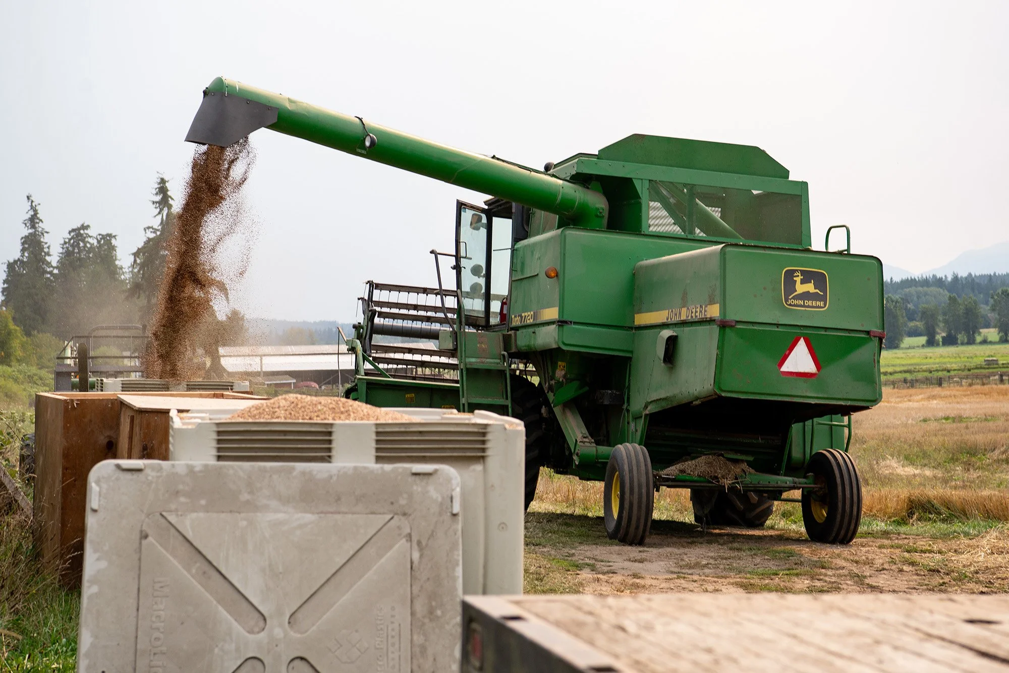 A green John Deere forage harvester is unloading chopped forage into a container on a farm field.