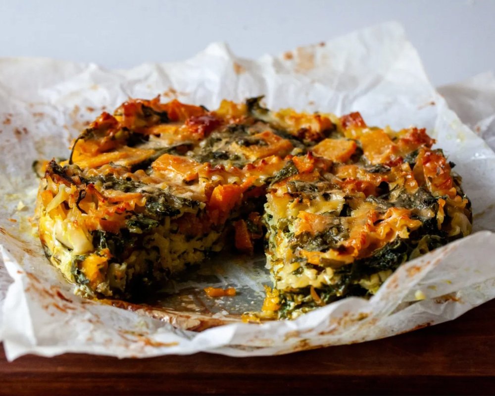 winter squash and spinach pasta bake