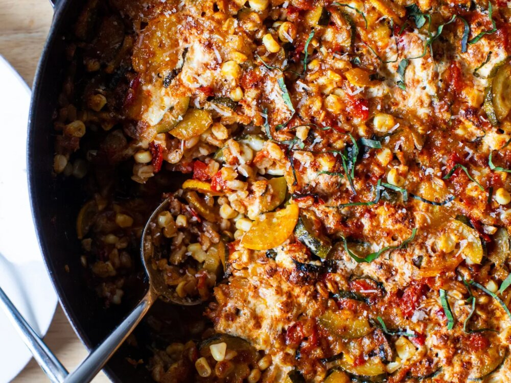baked farro with summer vegetables