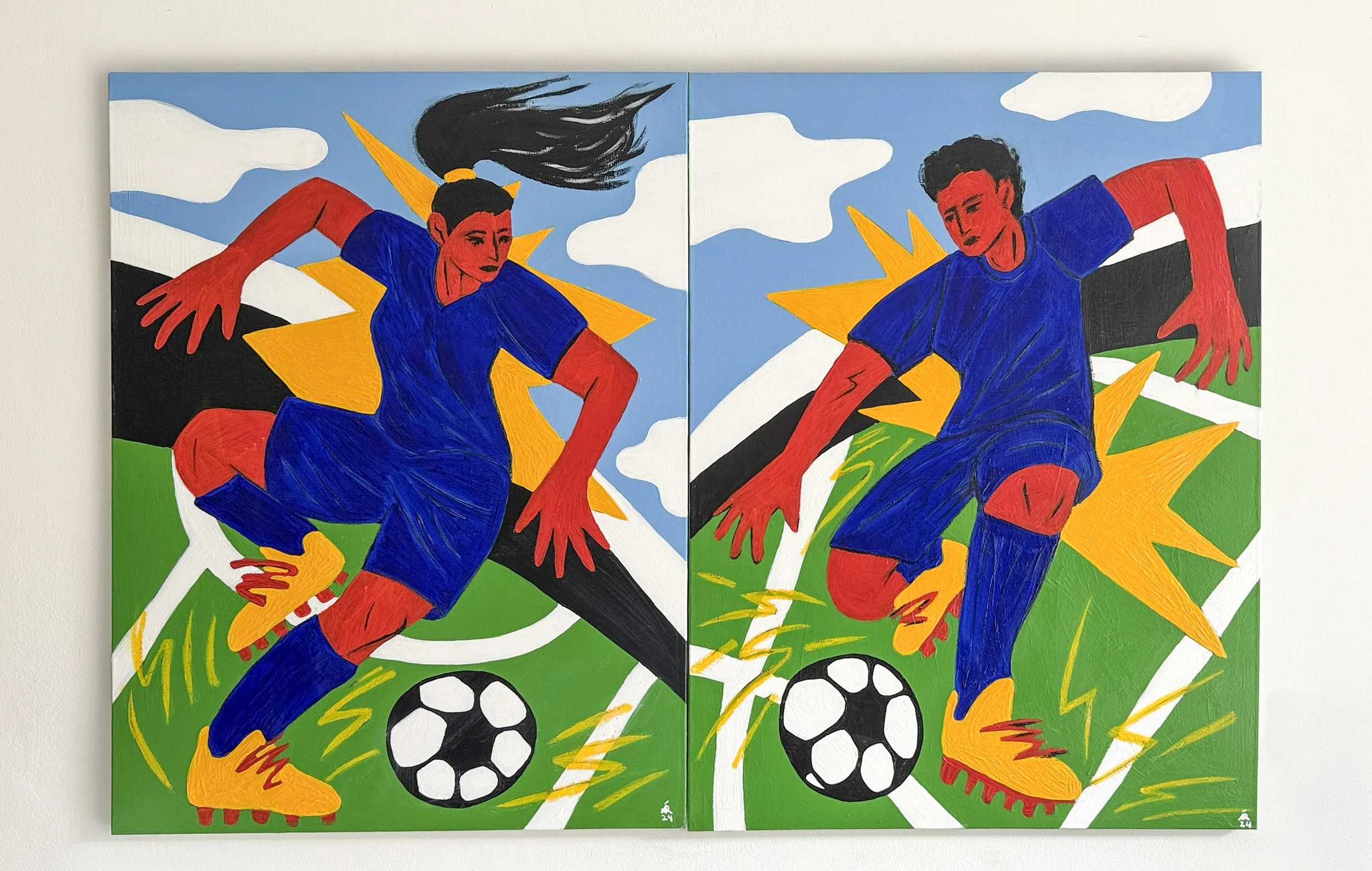 Football Couple original acrylic paintings displayed side by side by Alexandra Ramirez