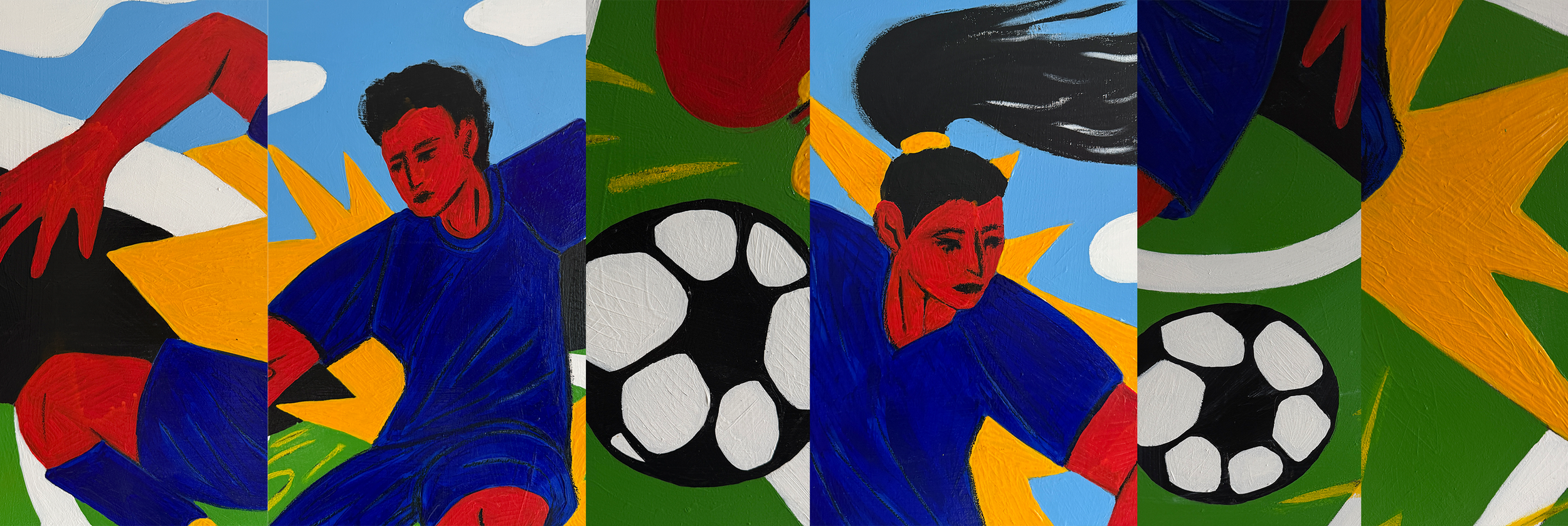 Football Couple original acrylic paintings displayed side by side by Alexandra Ramirez
