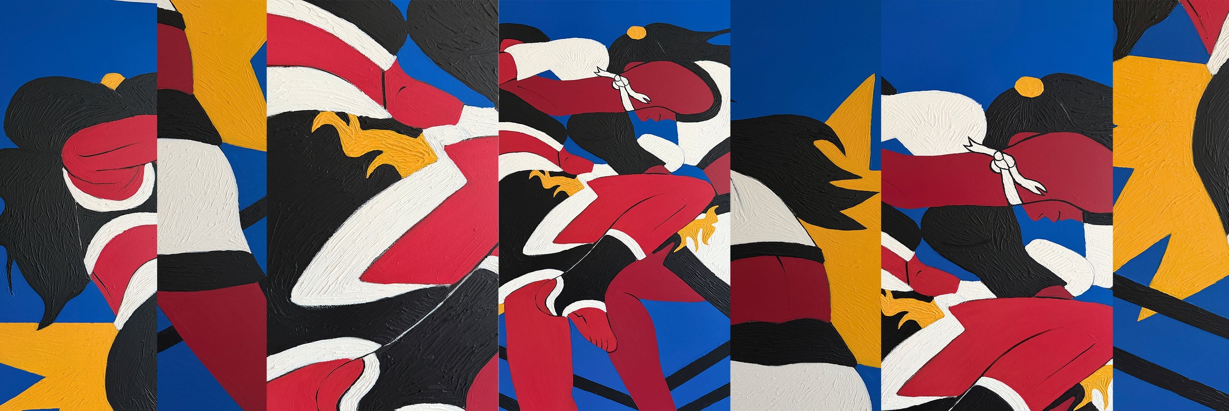 Detail of Muay Thai Girls acrylic painting depicting female Muay Thai fighters by Alexandra ramirez