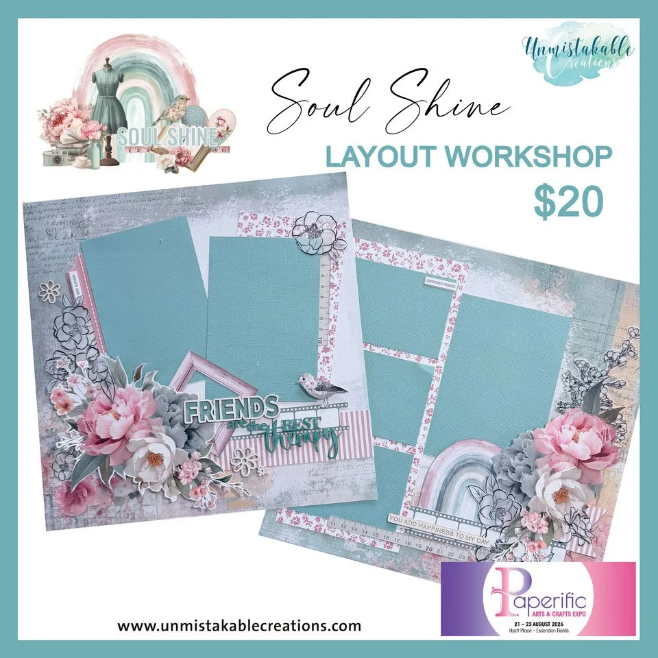 Melissa from Unmistakable Creations has released her next class online for our up and coming Paperific Arts and Crafts Expo. 

Love the Soul Shine collection? Then you'll love this layout class!

Create this beautiful double-page layout using exclusi