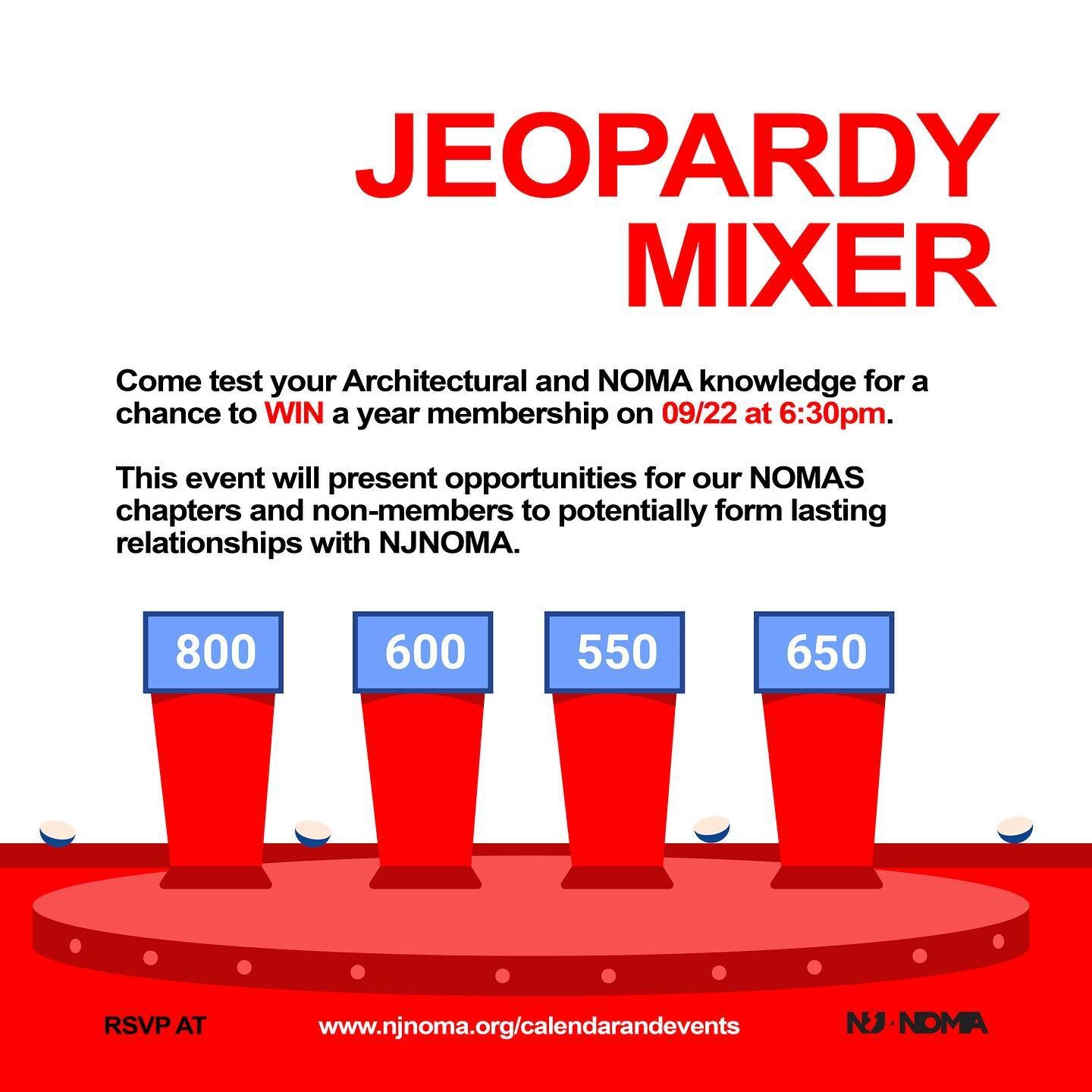 Come test your architectural and NOMA knowledge while networking and getting to know NJNOMA&rsquo;s professional members on 09/22 at 6:30pm...Make sure to RSVP by going to njnoma.org/calendarandevents