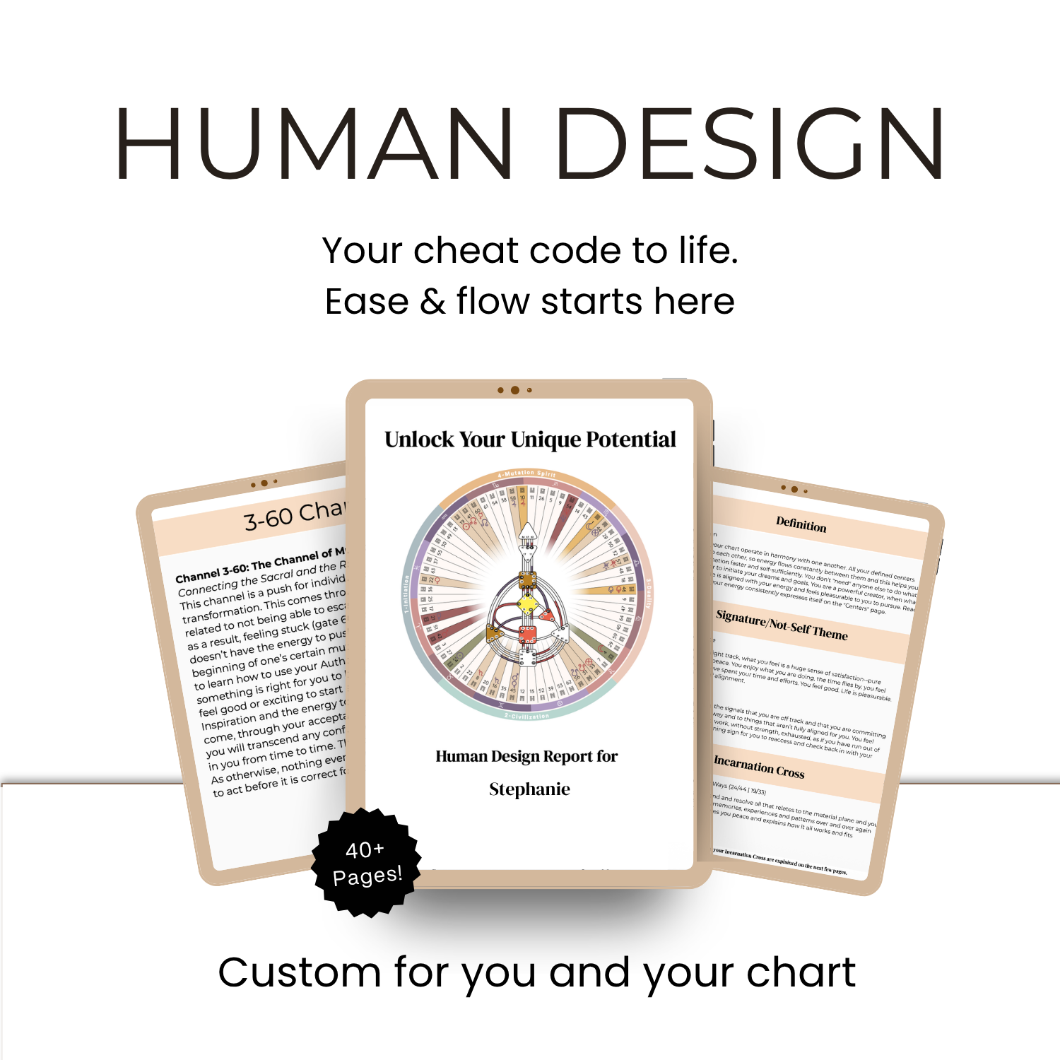 download your personalized human design chart reading that is custom for your unique chart and walks you through what everything in your human design means so you can start living it