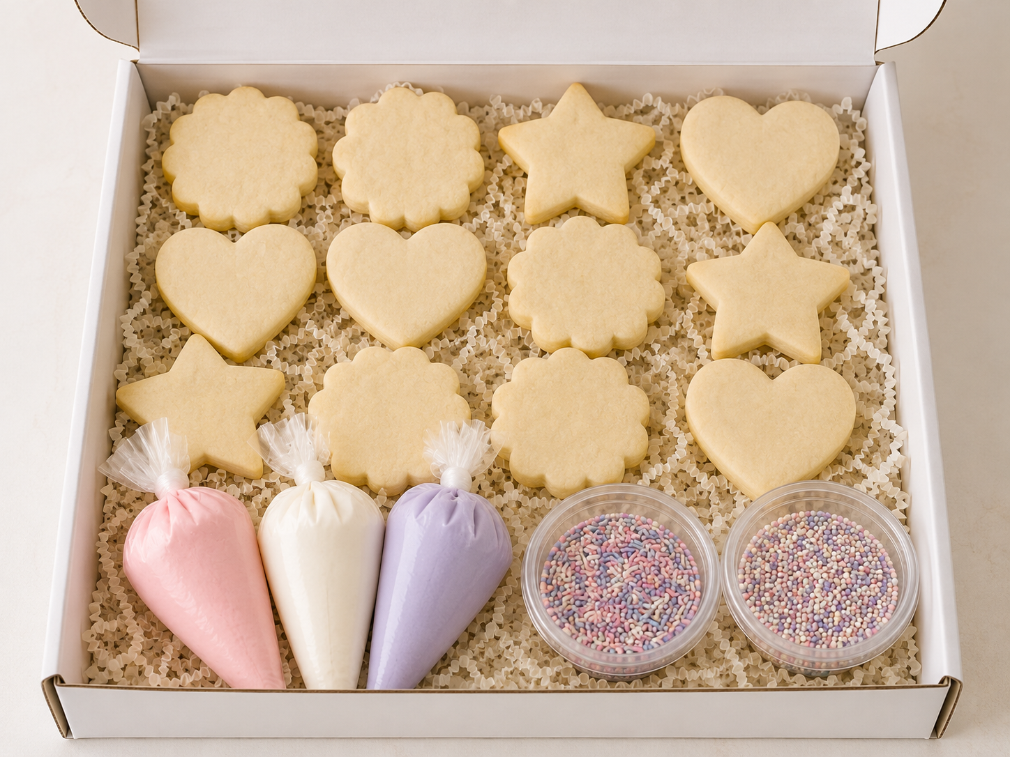 Decorative cookies shaped as flowers, hearts, and stars, colored pastel pink, white, and purple, with containers of colorful sprinkles.