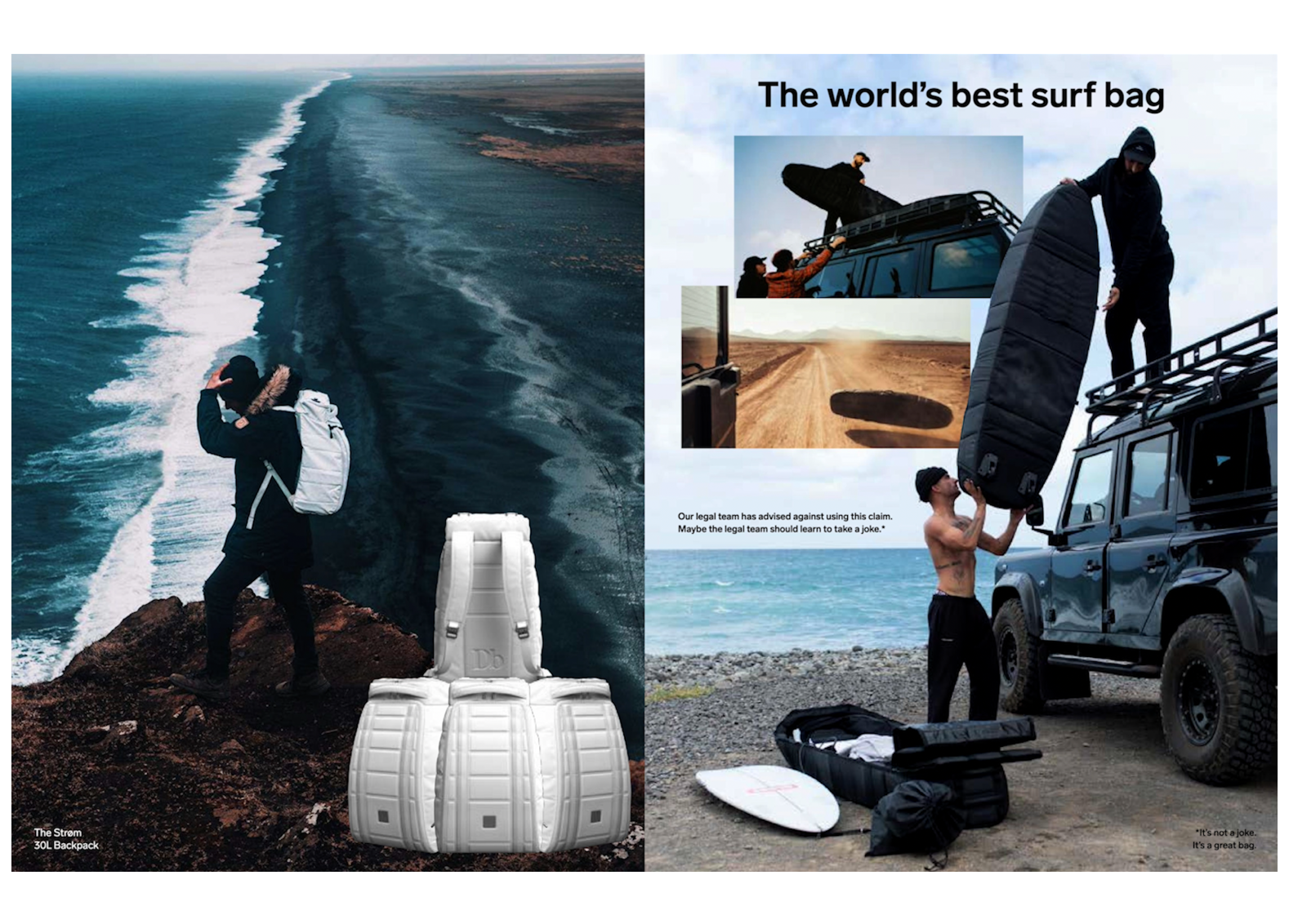 A person standing on a cliff overlooking the ocean with a white backpack and a backpack-shaped surfboard, advertising surf gear. The right side shows a person loading a large surfbag onto a vehicle, with insets of desert roads and people packing surfgear, promoting the world's best surf bag.