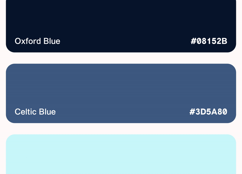 Palette of three blue colors: Oxford Blue, Celtic Blue, and light blue, each with their color codes.