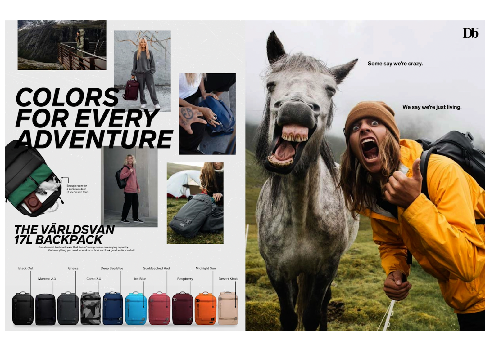 A collage advertisement for backpacks featuring images of people outdoors with backpacks, showcasing different backpack colors, and a woman taking a photo with a horse in a field.